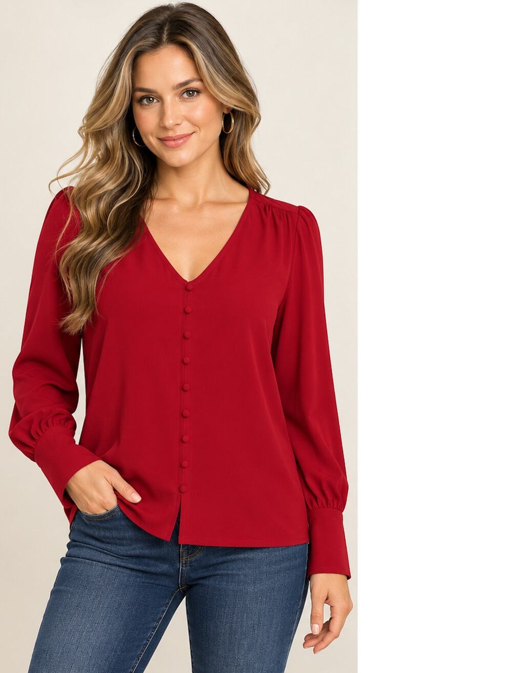 Calvin Klein Red V-Neck Pullover Blouse Statement Cuffs L NWOT